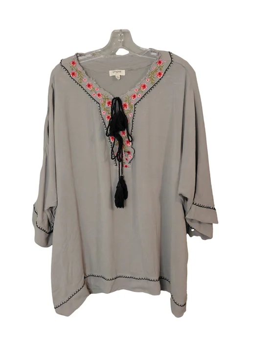 Umgee Boho Embroidered Gray Black Tunic Top Tassel Tie Raw Edge Oversized Medium - Picture 2 of 6